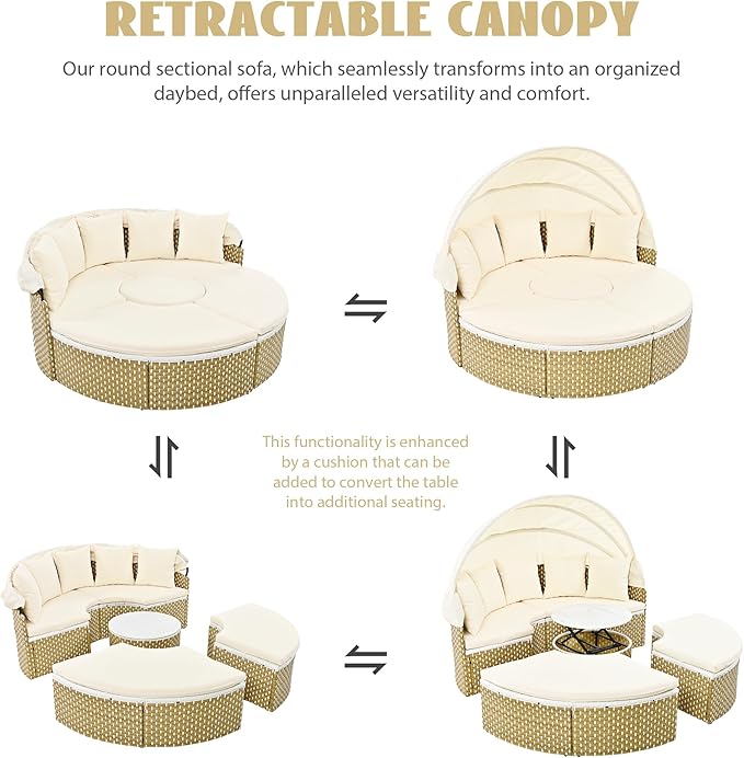 Merax Patio Furniture Round Outdoor Sectional Sofa Set, Rattan Daybed Two-Tone - Image 6