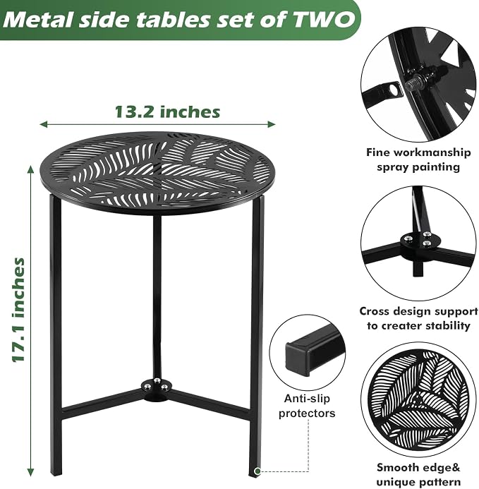Party Zealot Set of 2 Small Round Metal Side Tables 13 Inches Black Outdoor End - Image 3