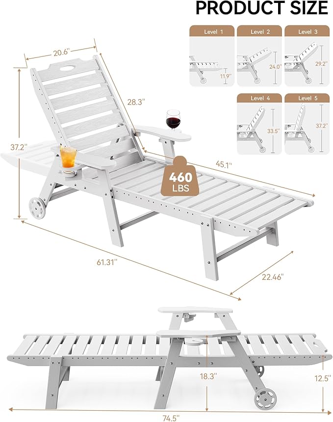Carauci Lounge Chair Outdoor Set of 2, HDPE Chaise Lounge - Image 3