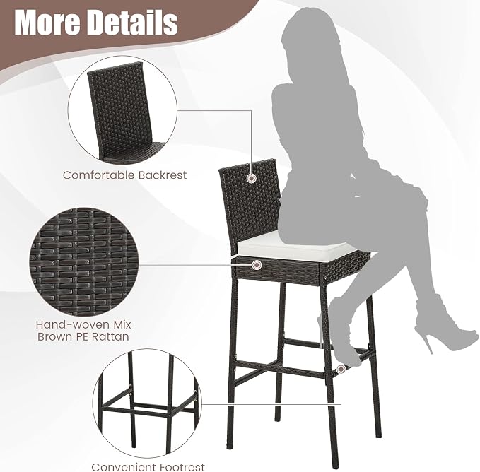 Tangkula Set of 4 Patio Wicker Barstools, Outdoor Bar Height Chair w/Soft Seat - Image 7