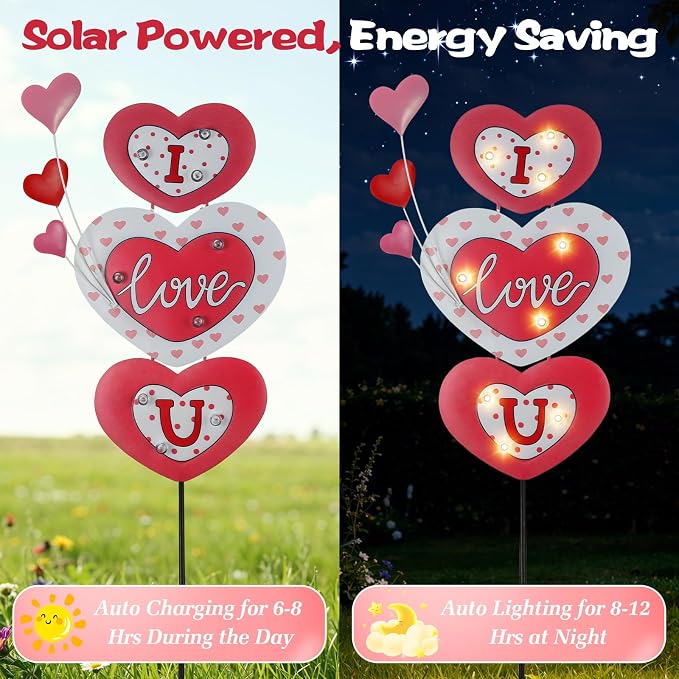 Lewondr 2 Pcs Valentine's Day Decorations Outdoor, Metal Solar Pathway Lights - Image 2