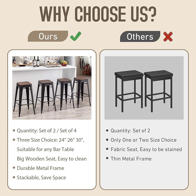 Alunaune 24" Metal Bar Stools Set of 2 Stackable Counter Height Barstools - Image 7