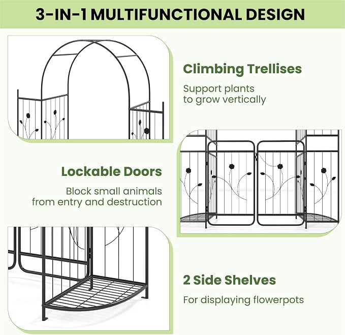 IRONMAX 87" Garden Arch with Gate & Planter Shelves, Heavy Duty Metal Arbor - Image 4
