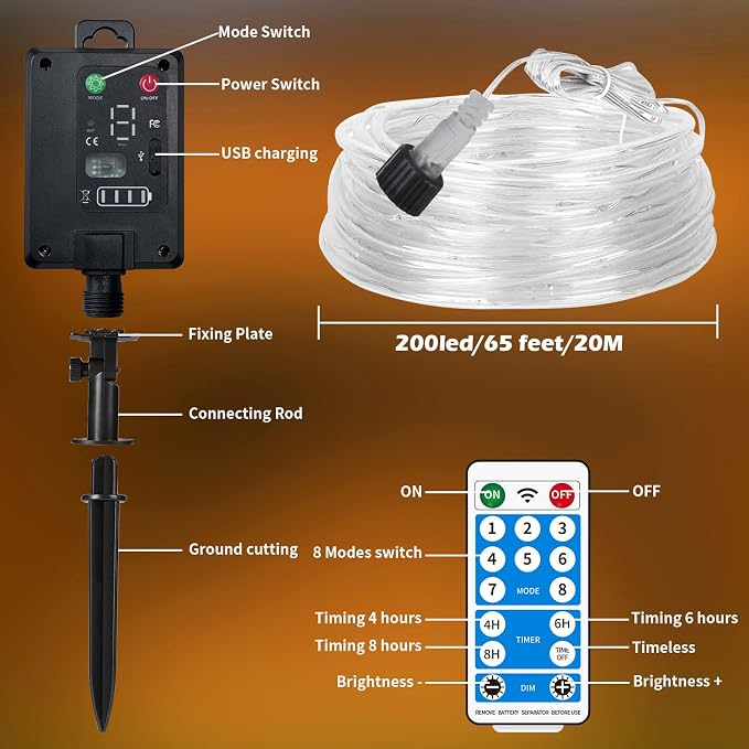 Solar Rope Lights Waterproof 65FT 200LEDs, High Capacity Rechargeable Battery - Image 7