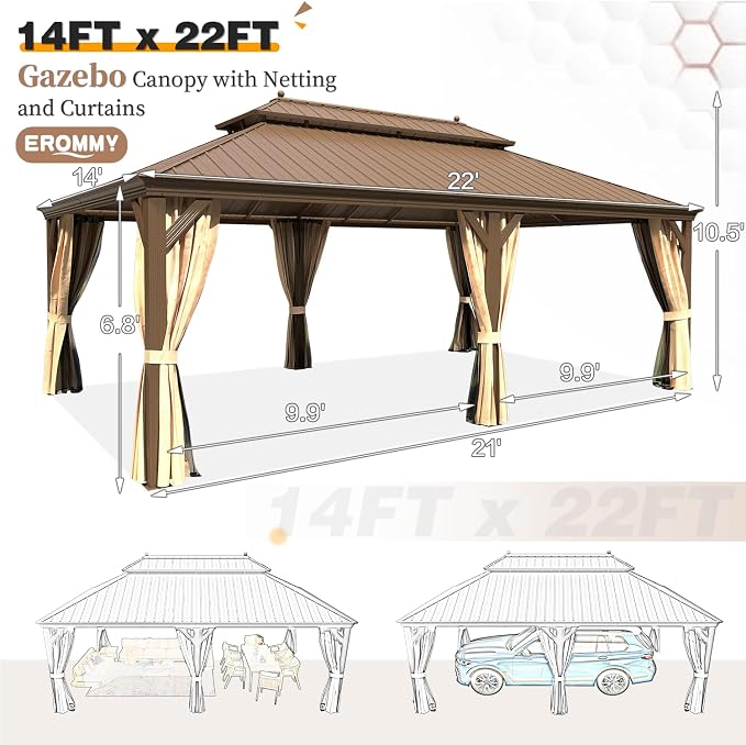 EROMMY 14'x22' Hardtop Gazebo Double Roof Galvanized Steel Canopy Outdoor - Image 2