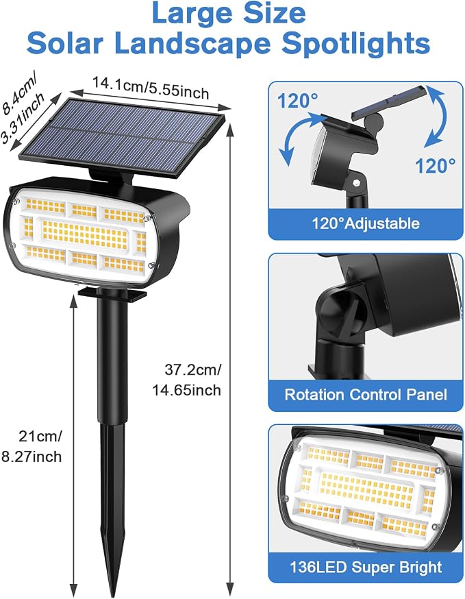 Fabrito 136 LED Solar Spot Lights Outdoor 4 Packs Warm White - Image 7