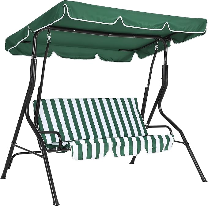 Outdoor Porch Swing Chair with Adjustable Canopy & Striped Seat Cushion by Garvee