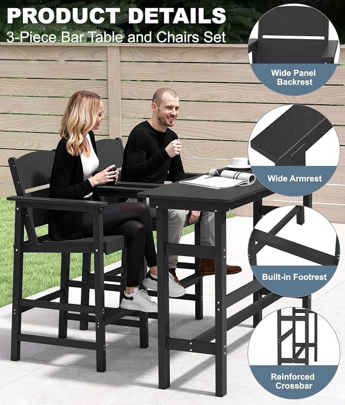 Bar Height Patio Table and Chairs Set, HDPE Outdoor Adirondack Bar Chairs and - Image 4