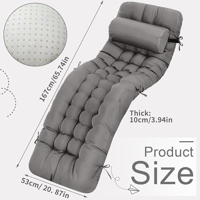 Tudomro 2 Pcs Dark Gray 66'' Outdoor Chaise Lounge Cushion Waterproof Patio - Image 2