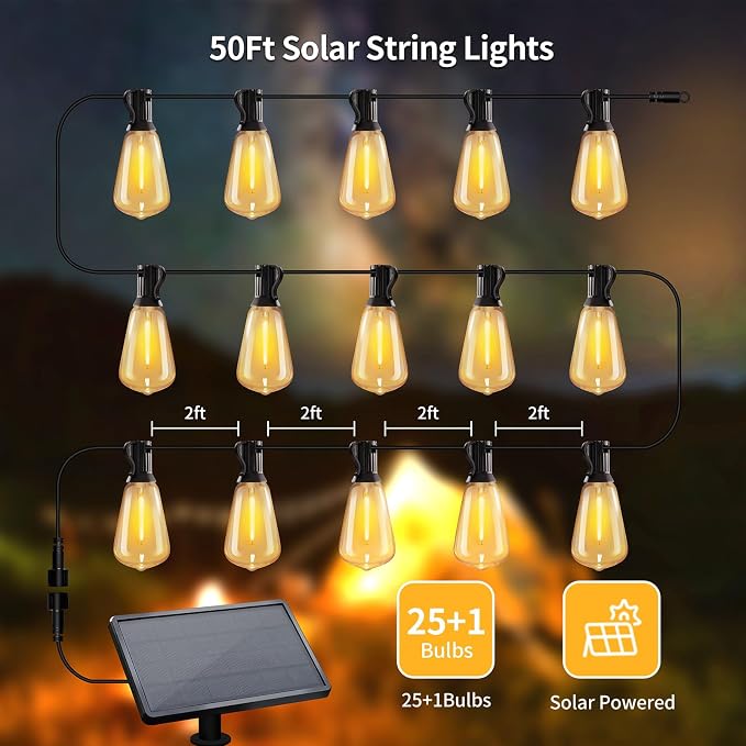 50ft Solar String Lights with Remote, 25+1 Bulbs Solar Patio Lights Outdoor - Image 5
