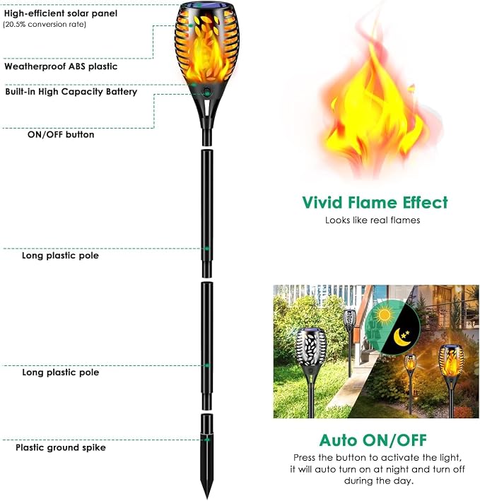 TomCare 6 Pack Outdoor Flickering Flames Torch Decorative Garden Lights Solar - Image 3