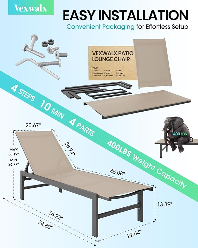 Outdoor Lounge Chairs Set of 2, Aluminum Patio Chaise Lounge Chairs - Image 3
