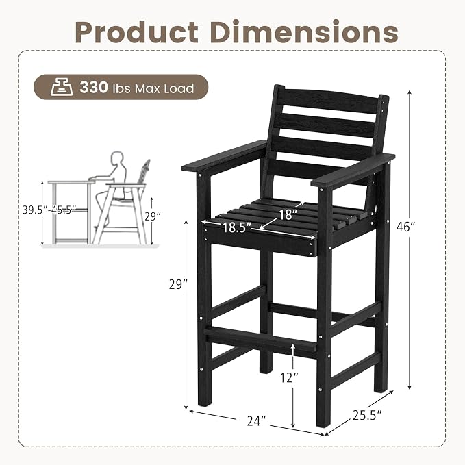 Tangkula Patio Adirondack Chairs Set of 2, HDPE Bar Height Chair - Image 3