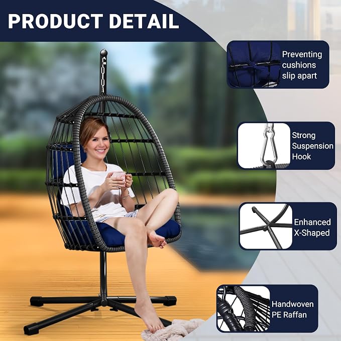 CHABATREE Egg Chair with Stand, Patio Rattan Wicker Hanging Swing Egg Chair - Image 5