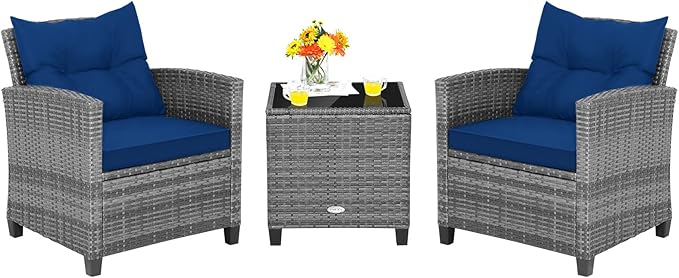 Tangkula 3 Pieces Patio Furniture Set, Outdoor PE Rattan Conversation Chair Set by TANGKULA