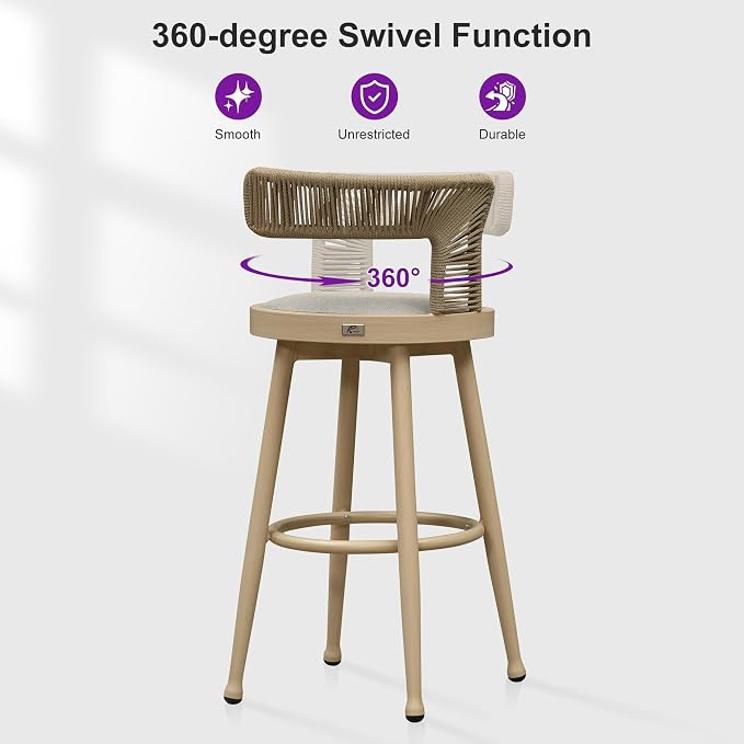 PURPLE LEAF Outdoor Swivel Bar Height Stools Set of 2 Metal Modern Wicker Bar - Image 4