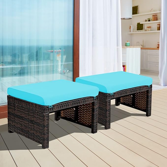 ORALNER Outdoor Ottoman, All-Weather Rattan Foot Stools w/Removable Cushions by ORALNER