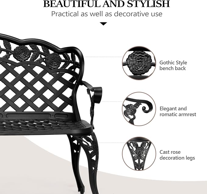 VINGLI 42.5" Outdoor Bench, Antique Cast Aluminum Front Porch Bench Metal - Image 4