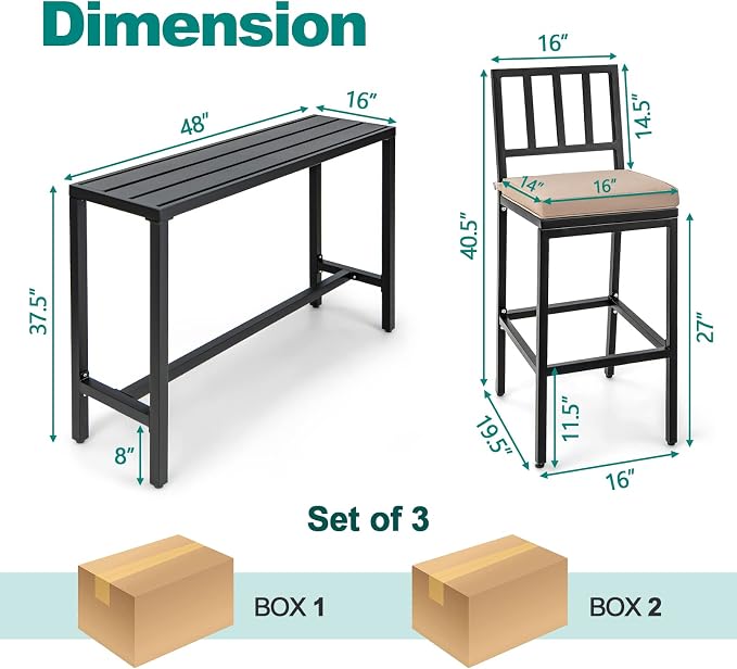 COSTWAY 3 Piece Outdoor Patio Bar Set, Metal Bar Table and Chairs Set - Image 3