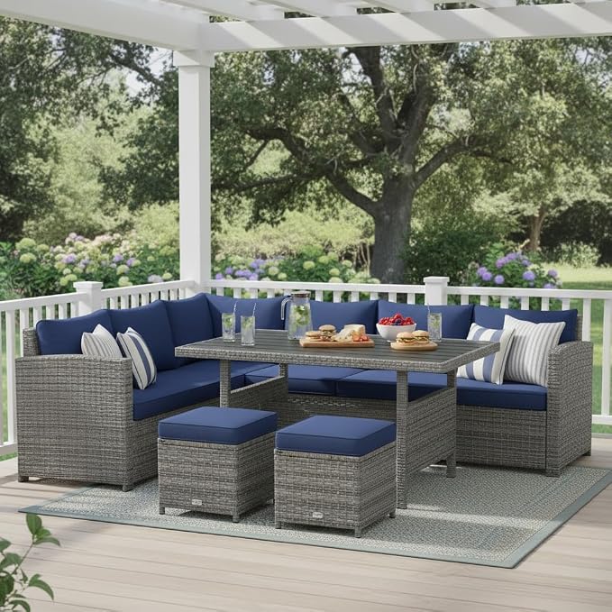 Tangkula 7 Pieces Patio Furniture Set, Outdoor Sectional Rattan Dining Sofa Set by TANGKULA