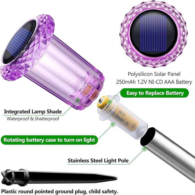 DenicMic Solar Lights Outdoor 10 Pack Waterproof Purple LED Stainless Steel - Image 2