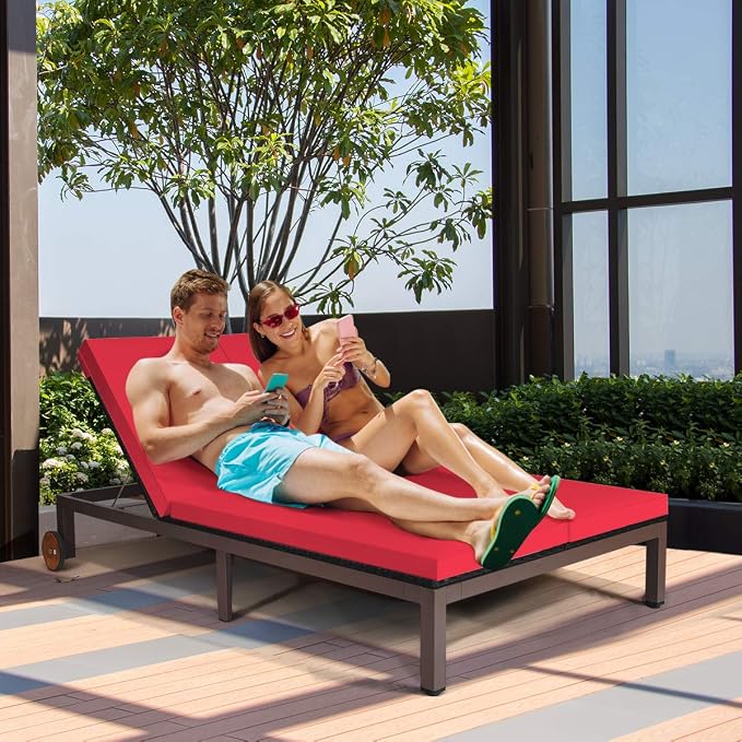 COSTWAY 2-Person Patio Rattan Lounge Chair Chaise Recliner Adjustable Cushion - Image 5