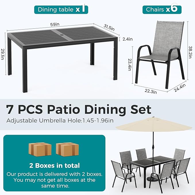 Pamapic Outdoor Dining Sets for 6, Rectangular Steel Slat Table - Image 5
