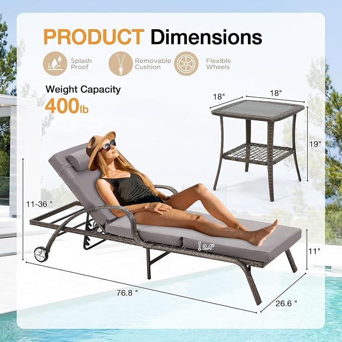 HOMREST Pool Lounge Chairs Set of 3, Outdoor Wicker Chaise Lounge Chair - Image 2