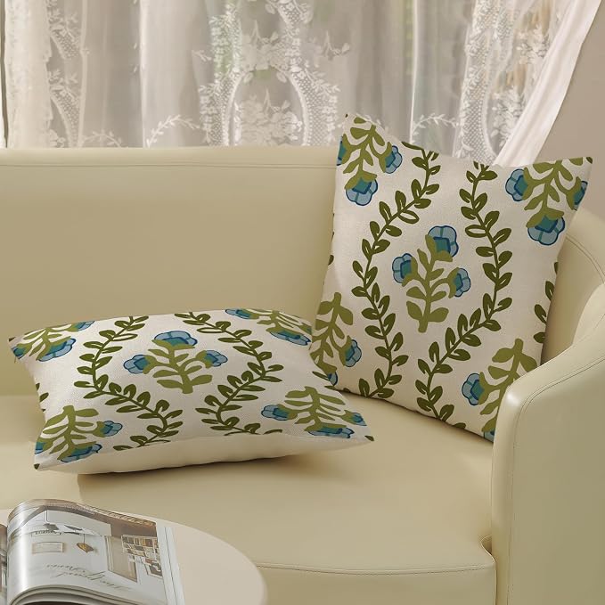 Sage Green Boho Pillow Covers 18x18 Inch 2 Pcs Blue Green Floral Leaves Decor - Image 4