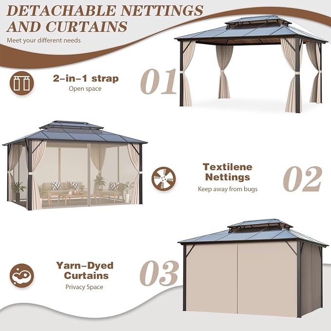 EROMMY 10' x 13' Gazebo Polycarbonate Double Roof Canopy Outdoor Aluminum Frame - Image 7