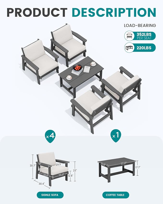 SERWALL Outdoor Patio Furniture Set, 5 Piece HDPE Patio Conversation Sets - Image 2