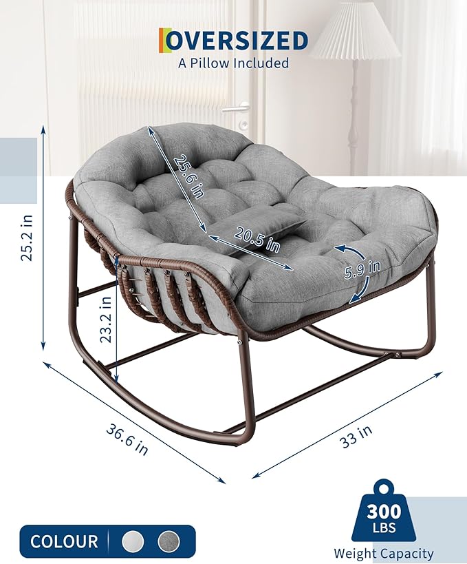 GarveeLife Outdoor Papasan Rocking Chair, Oversized Wicker Lounge Chair - Image 2