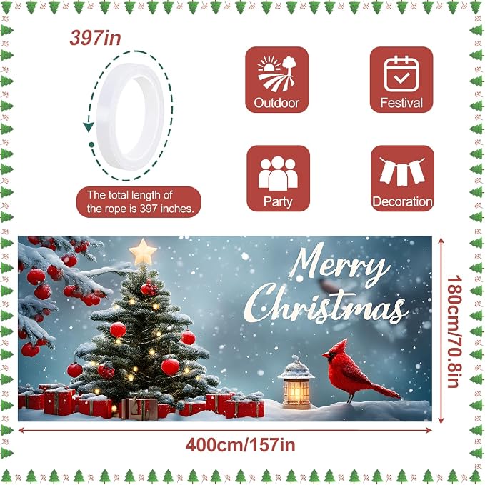 Christmas Garage Door Banner 6x13FT, Cardinal Bird & Ornament Christmas Tree - Image 4
