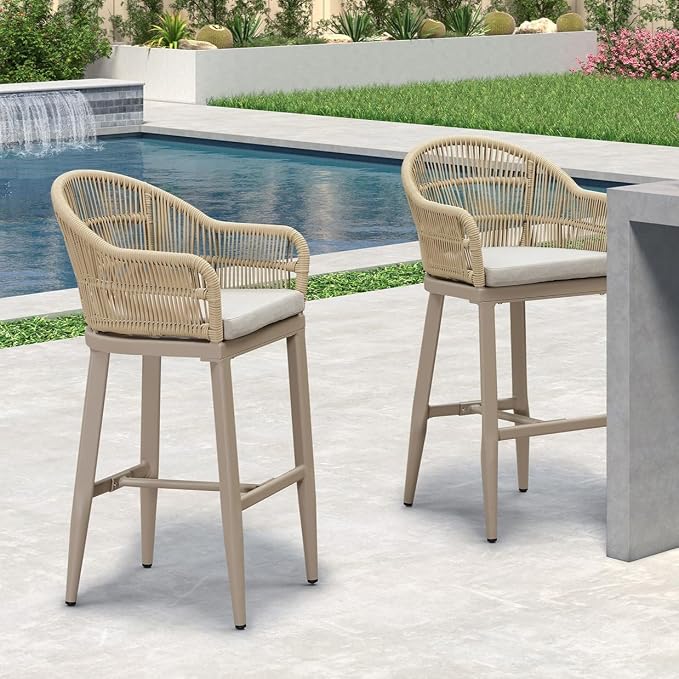 PURPLE LEAF Outdoor Bar Height Stools Set of 2 Patio Metal Modern Wicker Rattan by PURPLELEAF