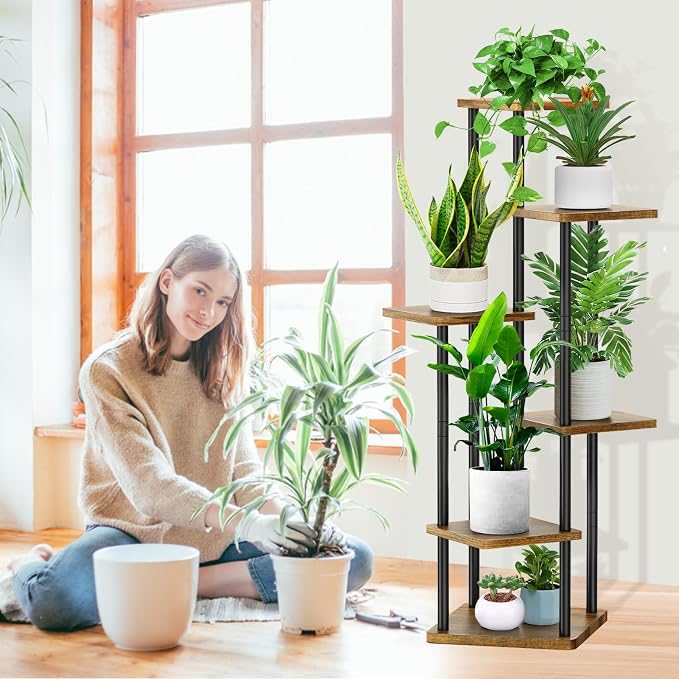 6 Tier Wood Tall Plant Stand Metal Rack Indoor, Planter Shelf Display Rack - Image 6