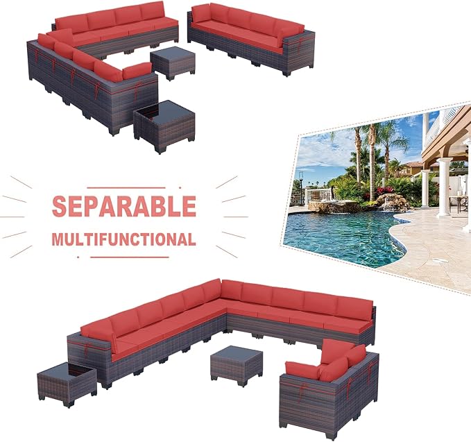 Kullavik 14 Pieces Outdoor Patio Furniture Set, Sectional Rattan Sofa Set Brown - Image 5