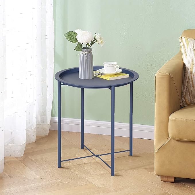 VECELO Side/End Table, Folding Round Metal Anti-Rust and Waterproof Outdoor or - Image 2
