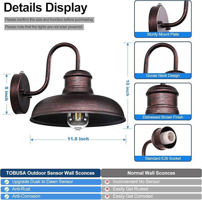 TOBUSA 2-Pack Dusk to Dawn Outdoor Wall Lights, Waterproof Farmhouse Gooseneck - Image 5