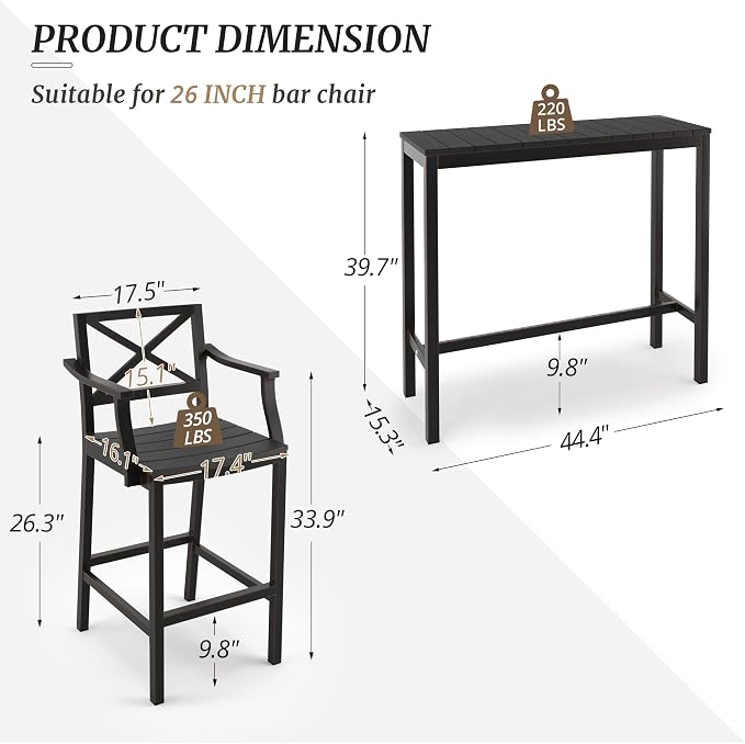 Outdoor Bar Height Table and Chairs Set, 3 Piece Black Top and Bronze Leg Patio - Image 3