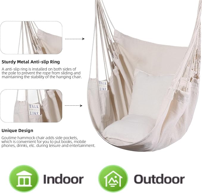 Goutime Hammock Chair, Boho Hanging Rope Ceiling Swing, Macrame Hanging - Image 3