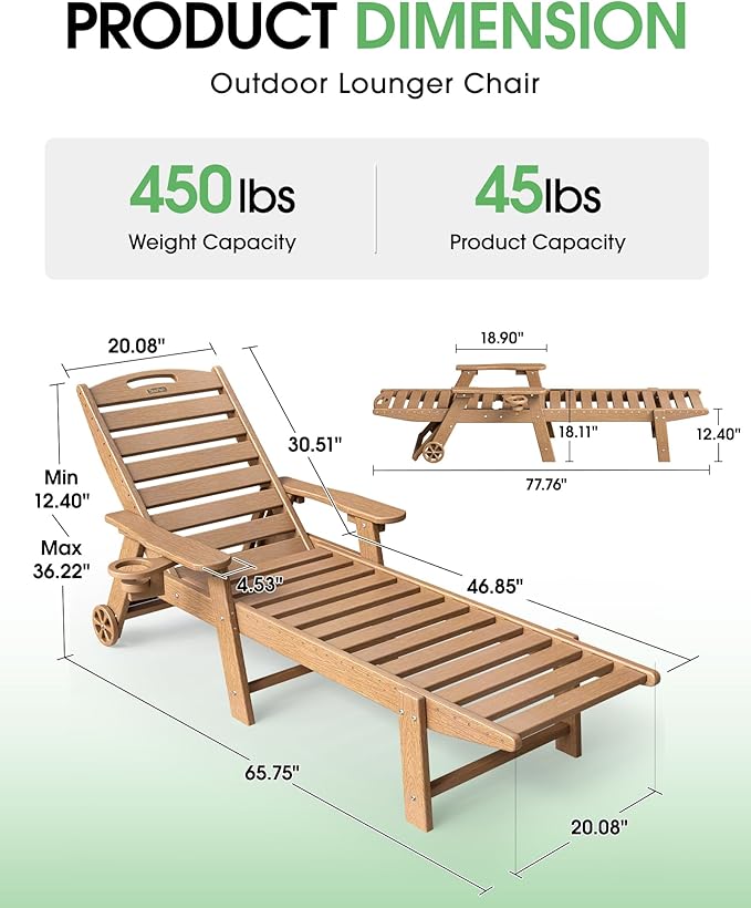 Lounge Chair Outdoor Set of 2, HDPE Chaise Lounge Outdoor, Pool Lounge Chair - Image 2