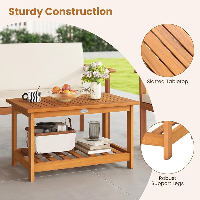 Tangkula Outdoor Acacia Wood Coffee Table, Patio 29.5” Rectangle Slatted 2 Tier - Image 7