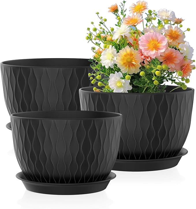 12/10/9 inch Large Plant Pots, 3 Pack Wide Flower Pots by Meowell