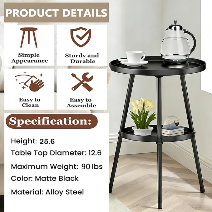 Side Table 2-Tier Small Round End Table Metal Black Accent Table - Image 7