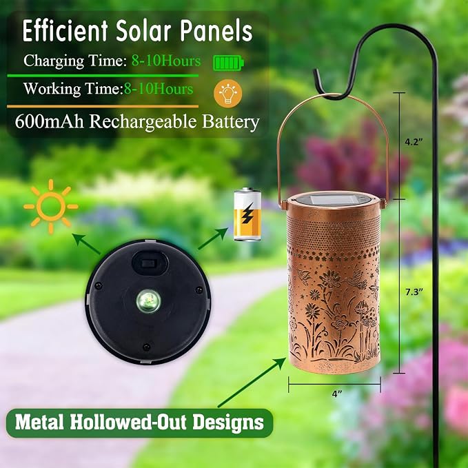 2 Pack Solar Lantern Outdoor Waterproof, Metal Butterfly, Hummingbirds - Image 3