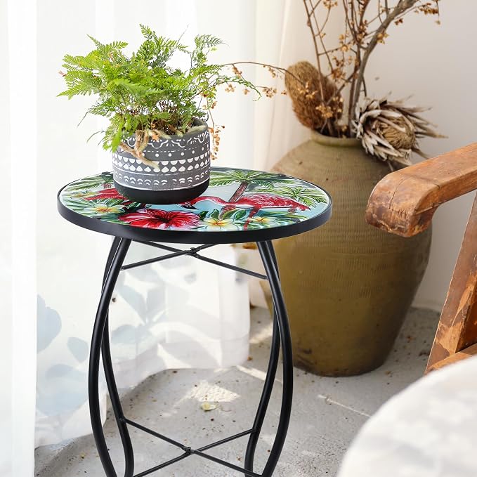 VCUTEKA Patio Side Table Outdoor Accent Table Small Mosaic Table Coffee Table - Image 2
