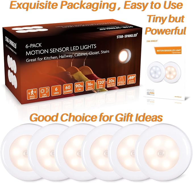 STAR-SPANGLED 6 Pack 2.8” Motion Sensor Lights Indoor AAA Battery Operated - Image 6