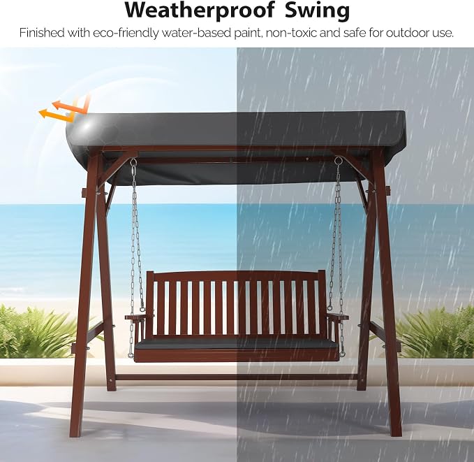 VINGLI Porch Swing with Stand, Wooden Swing & Stand with Canopy, Hanging Swing - Image 4