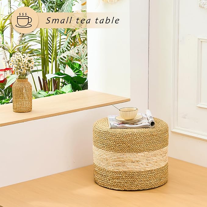 Handwoven Seagrass Ottoman Pouf, Round Outdoor Footstool - Image 4