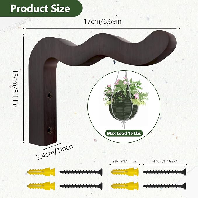 Wavy Plant Hanger Hooks – 2 Pack Rustic Wooden Wall Mounts - Image 6